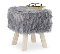 Relaxdays Sgabello in Pelliccia Sintetica, Pouf Decorativo con Gambe in Legno, Seduta e Poggiapiedi, 37x32x32 cm, Grigio, 1 pz