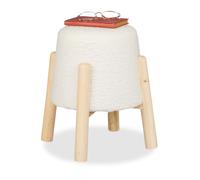 Relaxdays Sgabello Pouf da Salotto e Camera Letto, Poggiapiedi Imbottito, Sedia in Tessuto Bouclé, HxD: 40x30 cm, Bianco, Poliestere, Fibra, Legno