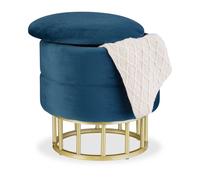 Sgabello Pouf Imbottito Poggiapiedi Tondo Ottomana Salotto Velluto Blu Dorato