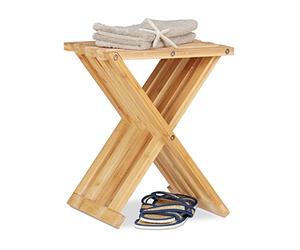 Relaxdays Sgabello pieghevole in bambù effetto naturale, basso salvaspazio richiudibile per bambini HLP: 42x32x27cm, beige