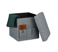 Relaxdays Sgabello Pieghevole, con 3 Tasche Laterali e Coperchio, in Lino, Contenitore, HLP: 38 x 38 x 38 cm, Grigio