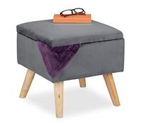 Relaxdays Sgabello Poggiapiedi, Velluto, Gambe in Legno di Eucalipto, Pouf Imbottito, Scomparto, 40x40x40, Grigio Scuro, Fibra, 1 pz