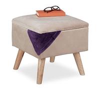 Relaxdays Sgabello Poggiapiedi, Velluto, Gambe in Legno di Eucalipto, Pouf Imbottito, Scomparto, HLP 40x40x40 cm, Crema, 1 pz
