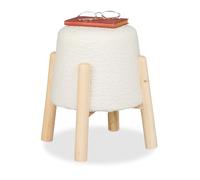 Relaxdays Sgabello Pouf da Salotto e Camera Letto, Poggiapiedi Imbottito, Sedia in Tessuto Bouclé, HxD: 40x30 cm, Bianco, Poliestere, Fibra, Legno