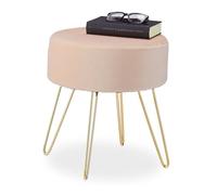 Relaxdays Sgabello Pouf da Salotto e Camera Letto, Poggiapiedi Imbottito, Sedia in Velluto e Ferro, 40x37 cm, Beige Oro