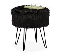 Relaxdays Sgabello Pouf in Morbido Pelo, Poggiapiedi Rotondo Imbottito, Seggiola Gambe in Acciaio, HxD: 41 x 37 cm, Nero