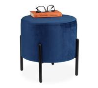 Relaxdays Sgabello Pouf da Salotto, Camera Letto, Poggiapiedi Imbottito, Velluto e Metallo, L x D: 38,5 x 40,5 cm, Blu, Cartone