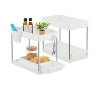 Relaxdays sotto lavabo Organizer Mobile Sottolavello, Set da 2, Scaffale Estraibile, 4 Ganci e Portatazze, Mensola Pulizia, Bianco, 33 x 22 x 40 cm