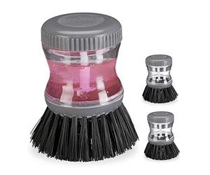 Relaxdays Spazzola per Piatti con Dispenser Detersivo, Set da 3, Erogatore da Riempire 60ml, Rotondo, Lavapiatti, Grigio