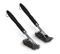 Relaxdays Spazzole per Barbecue, Set da 2, Nero | Grill Brush con Setole in Acciaio Inossidabile, con Raschietto, L 45 cm