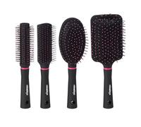 Relaxdays Spazzole per Capelli, Set da 4, con Custodia da Viaggio, Setole in Plastica, Rotonde, Styling, Nero/Rosa