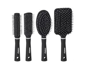 Relaxdays Spazzole per Capelli, Set da 4, con Custodia da Viaggio, Setole in Plastica, Rotonde, Styling, Nero/Bianco