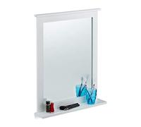 relaxdays Specchio Bagno, Specchio con Mensola per Bagno, Bambù, Salotto, Corridoio, da Parete HLP 68x56x10 cm, bianco