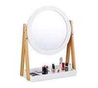 Relaxdays Specchio per Trucchi, Girevole, con Supporto, Cosmesi, da Tavolo ∅32,5 cm, Bambù, MDF, Bianco e Legno Naturale