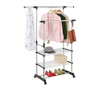 Relaxdays Stand Appendiabiti da Terra, 2 Barre Appendi Abiti e 3 Ripiani, H: 86-147 cm L: 84-141 cm, in Acciaio Inox, Plastica