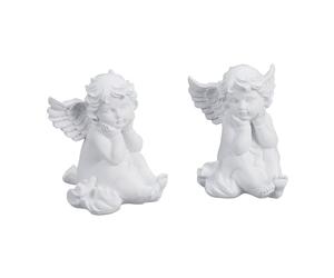 Relaxdays Statuetta Angelo Seduto, Set da 2, Statua Commemorativa Resistente al Gelo, per Giardino, Poliresina, Bianco