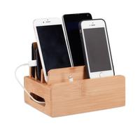 Relaxdays Stazione di Carica Cellulari, Accessori Scrivania Porta Cellulare, 6 Dispositivi, 9x17x13 cm, legno naturale