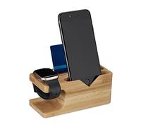 Relaxdays Stazione di Ricarica Multipla, Docking Station bambù per Apple Watch e Smartphone, 6 x 14 x 6,5 cm, Naturale