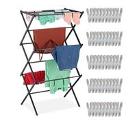 Relaxdays Stendibiancheria Pieghevole, Stendino Verticale a Torre con 11 Aste e 6 Livelli, Salvaspazio, in Ferro, Nero, 106x74x38 cm