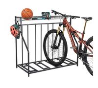 Relaxdays Supporto Bici da Terra, 4 Biciclette, Larghezza Pneumatici Regolabile 3-11 cm, Cestino e 6 Ganci, Nero
