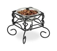 Relaxdays Ciotola Rialzata per Cani, Alzatina con Scodella, 300 ml, Ferro e Acciaio Inox 15,5 x 18 x 18 cm, Nero Argento