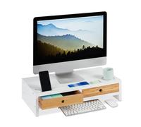 Relaxdays Supporto monitor – Rialzo PC bambù 4 scomparti 2 cassetti Bianco/Legno 60x30x14 cm