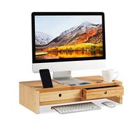 Relaxdays Supporto per Monitor, bambù, Rialzo per PC, 2 Tiretti & Scomparti, HLP 14 x 60 x 30 cm, Bianco/Legno Naturale