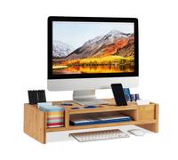 relaxdays Supporto per Monitor, Rialzo in Bambù, 14 Scomparti, Organizer Ergonomico, HBT:15x65x28 cm, Legno Naturale