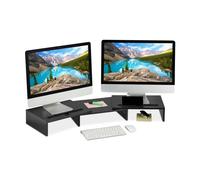 Relaxdays Supporto per Monitor, Rialzo per 2 Schermi, Espandibile e Regolabile, Stand PC da Scrivania, Organizer, Nero, Fibra di Legno