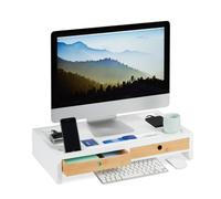 relaxdays Supporto per Monitor, Rialzo XL per PC in bambù & MDF, 2 Tiretti, Organizer, HBT: 11 x 58,5 x 32,5 cm, Bianco