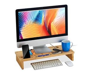 Relaxdays Supporto per Monitor in bambù, con Scomparti, Autoportante, Base Rialzata per PC e Scrivania, Color Naturale