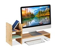 Relaxdays Supporto per Monitor in bambù, Organizer con 4 Scomparti, Base Rialzata per PC, HxLxP: 30x67x20 cm, Naturale, 1 pz