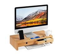 Relaxdays Supporto per Monitor, in bambù, Rialzo per PC con 2 Tiretti & Scomparti, HLP 12x56x27cm, Color Legno Naturale