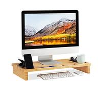 relaxdays, Legno Naturale Supporto per Monitor in bambù, Rialzo per PC, Tavolino con Scomparti, HLP 9 x 60 x 30cm, 9 x 60 x 30 cm