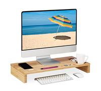 Relaxdays Supporto per Monitor, Naturale | Rialzo per Schermo con 7 Scomparti, Stand Computer Portatile, 8,5 x 60 x 30 cm