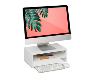 Relaxdays Supporto per Monitor, Rialzo Stand PC con Ripiano Portaoggett, 14x40x23,5 cm, Alzaschermo da Scrivania, Bianco