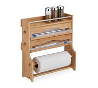 Relaxdays Taglia Pellicola da Cucina, Dispenser a Muro Portarotoli Carta e Alluminio, 40x40x11,5 cm, Bambù, Naturale
