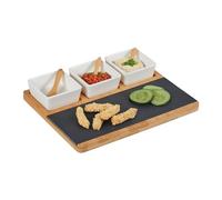 Relaxdays Tagliere in bambù per Aperitivo con Piatto in Ardesia, Set da 8 Accessori, Cucchiai per Antipasti, Colorato, Ceramica