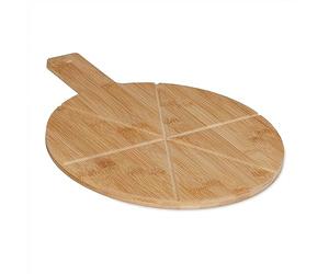 Relaxdays Tagliere per Pizza, Vassoio in Bambù, Ø 30 cm, Piatto per Formaggio, Frutta, con Manico, Rotondo, Naturale