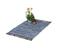 Relaxdays Tappeto in Cotone e Pelle a Frange, 60x100 cm, Passatoia per Salotto e Camere da Letto, Runner, Blu Grigio