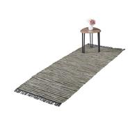 Relaxdays Tappeto in Cotone e Pelle con Frange, 80 x 200 cm, Salotto e Camere da Letto, Runner Antiscivolo, Verde Kaki