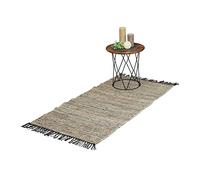 Relaxdays Tappeto in Cotone e Pelle con Frange, 70 x 140 cm, Passatoia per Salotto, Camere da Letto, Grigio, Vera, 70x140 cm