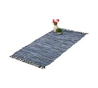 Relaxdays Tappeto in Cotone e Pelle con Frange, 70 x 140 cm, Salotto e Camere da Letto, Runner Antiscivolo, Blu Grigio, Vera