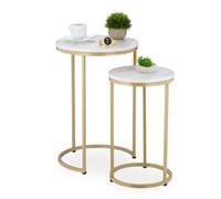Relaxdays Tavolini da Salotto, Set da 2 Tavoli Bassi da caffè da Divano, Comodini Rotondi Effetto Marmo, Bianco Dorato