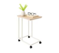 Tavolino Relaxdays con rotelle, HLP: 68 x 50 x 35 cm, MDF, Metallo, C-Form, tavolino da sottosedia, Marrone/Bianco