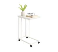 Tavolino Relaxdays con rotelle, H x L x P: 68 x 50 x 35 cm, MDF, Metallo, Forma a C, tavolino da sottosofa, Bianco