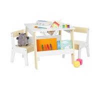 Relaxdays Tavolino con 2 Sedie per la Cameretta dei Bambini, Scomparto per Libri, Arredamento per Bimbi, Bianco Beige, Fibra di Legno, 51 x 55 x 69 cm