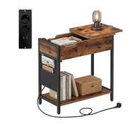 Relaxdays Tavolino con Prese elettriche e USB, Tasca Laterale, 60x60x31,5 cm, Comodino Industriale, Nero/Marrone