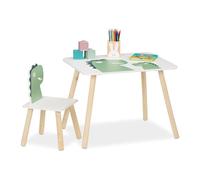 Relaxdays Tavolino da Bambini con Sedia per Cameretta, Tavolo da Gioco e Sgabellp con Schienale, MDF, Design Dinosauro