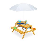 Relaxdays Tavolino da Bambini per Esterno, Tavolo da Picnic per Giardino, Set Due Panche e Ombrellone, Legno, Naturale, 49 x 86 x 92,5 cm